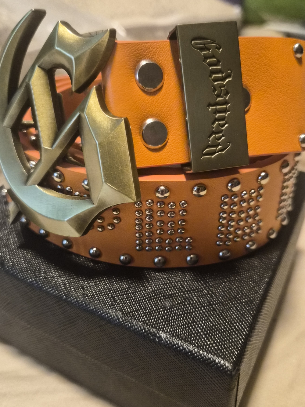 Godspeed Forged Studded Orange Leather Belt with Branded Brass Buckle